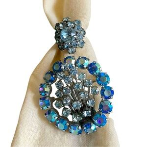 Bundle of Vintage Silver-Tone Rhinestone Brooch and Blue Rhinestone Ring